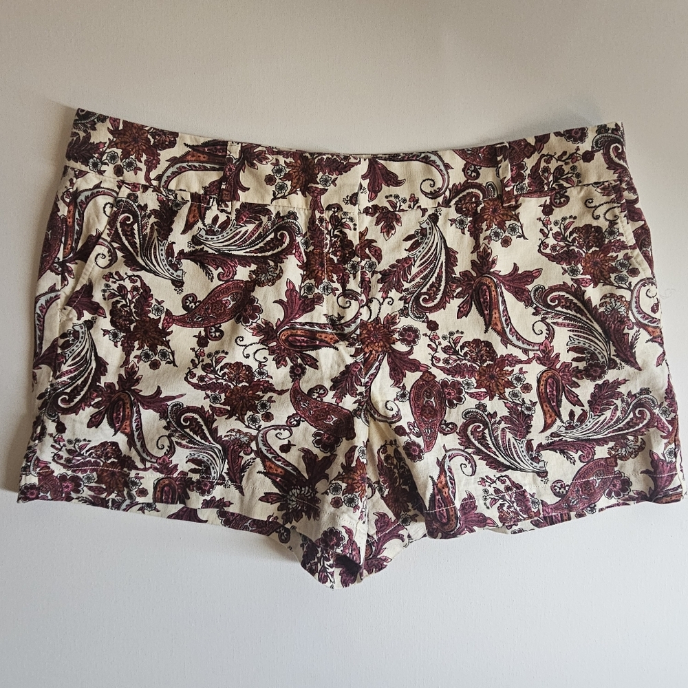 Loft Linen Blend Chino Shorts‎ Womens 14 White Purple Paisley Boho Cottagecore